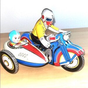 Tin Toy Wind Up Litho Motorcycle w Side Car